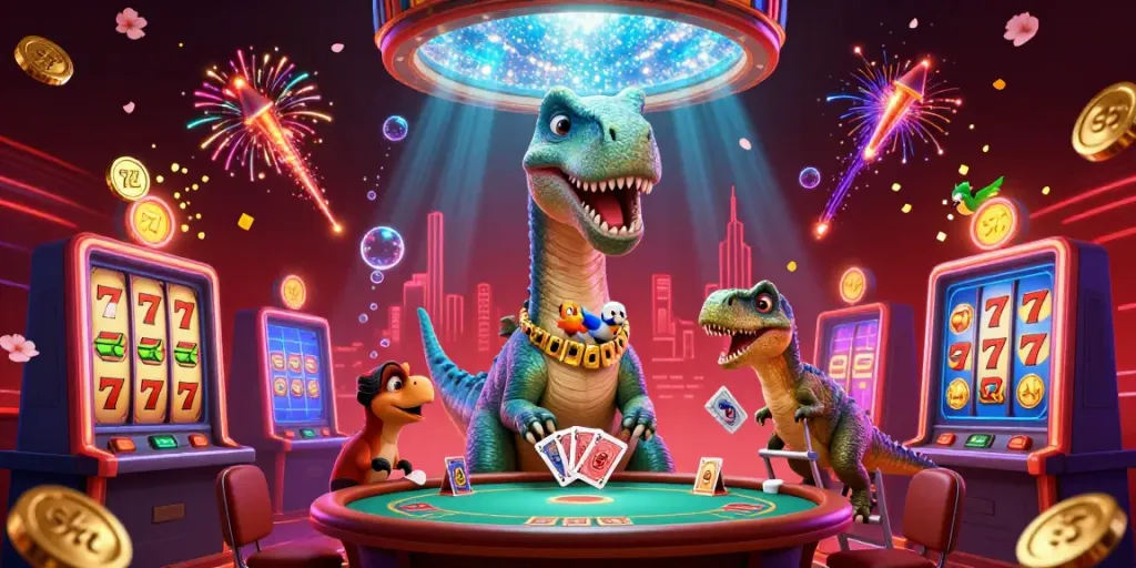 Experience thrilling slot action with a giant brontosaurus and clever raptor in a vibrant casino scene.