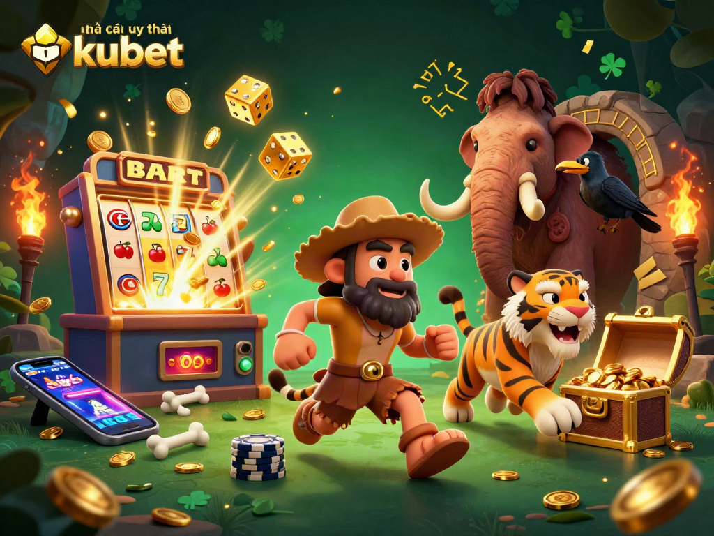Experience the excitement of nhà cái uy tín kubet in a vibrant prehistoric casino scene with engaging characters.