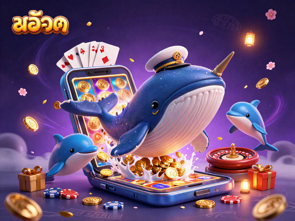 Experience the thrill of สล็อต as a cartoon whale celebrates in a treasure of coins and poker chips