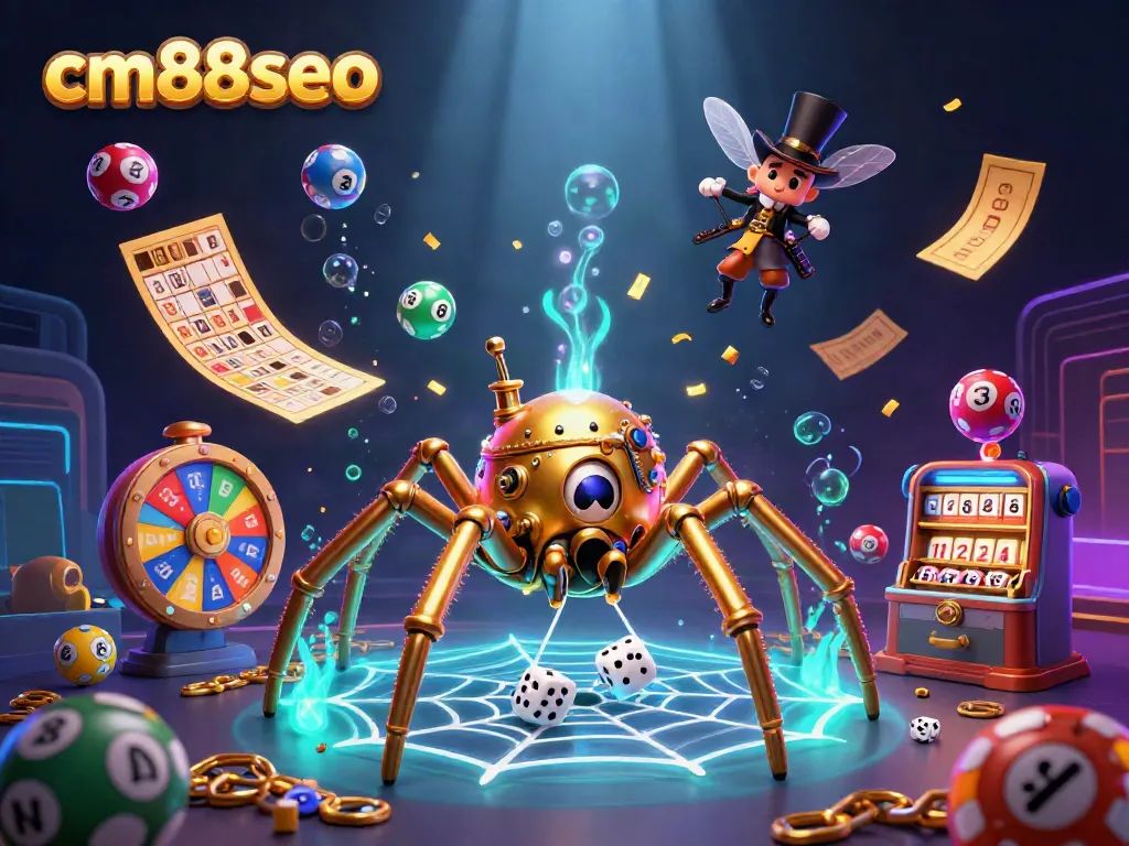 Experience the excitement of cm88seo with a captivating casino-themed scene featuring a golden spider web.