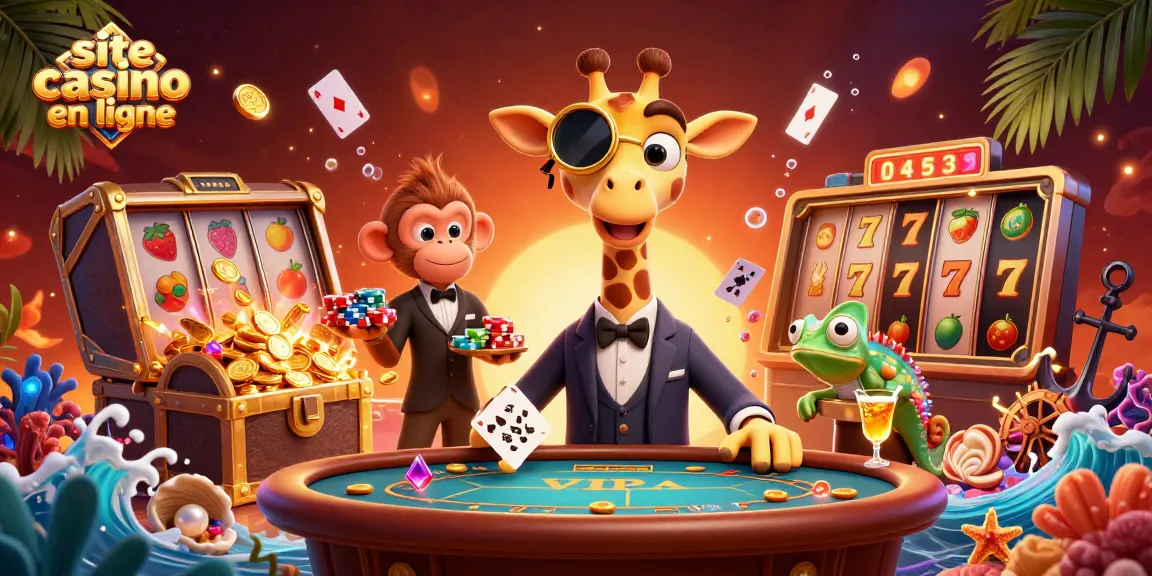 Illustration d'une scène de site casino en ligne avec une girafe joueuse, un valet et un barman