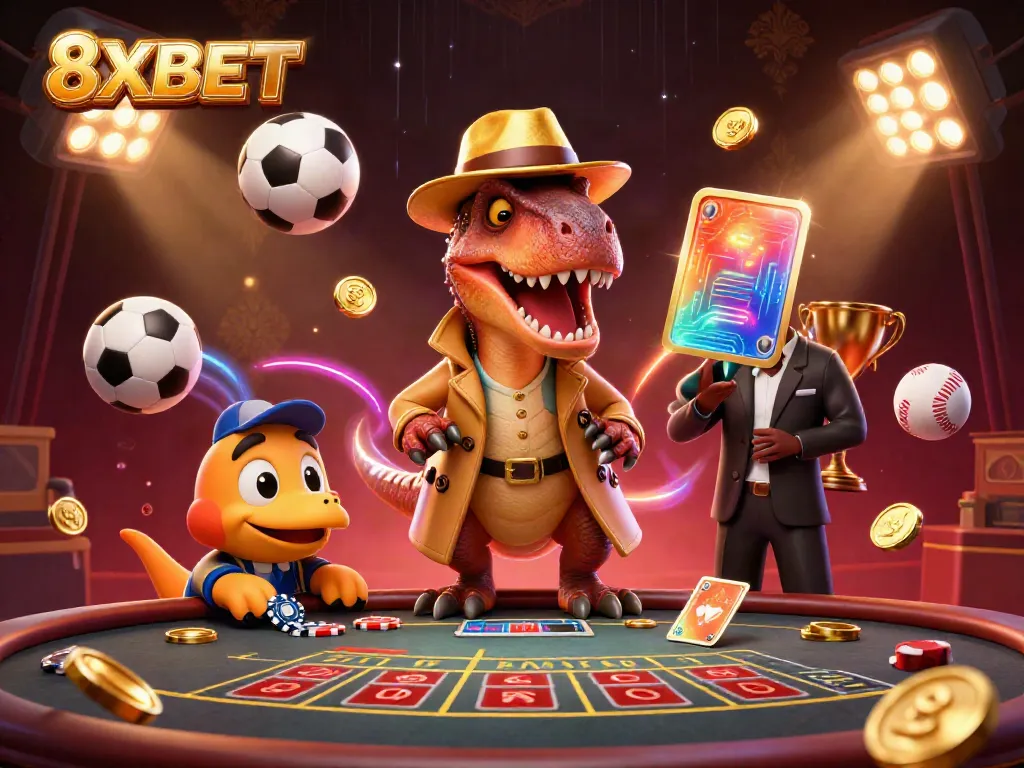 Experience the thrill of 8XBET casino with a dynamic scene of playful cartoon dinosaurs at a blackjack table.
