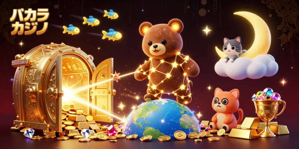 バカラ カジノの魅力を表現する、星のクマと宝物のシーンを描いたイラスト