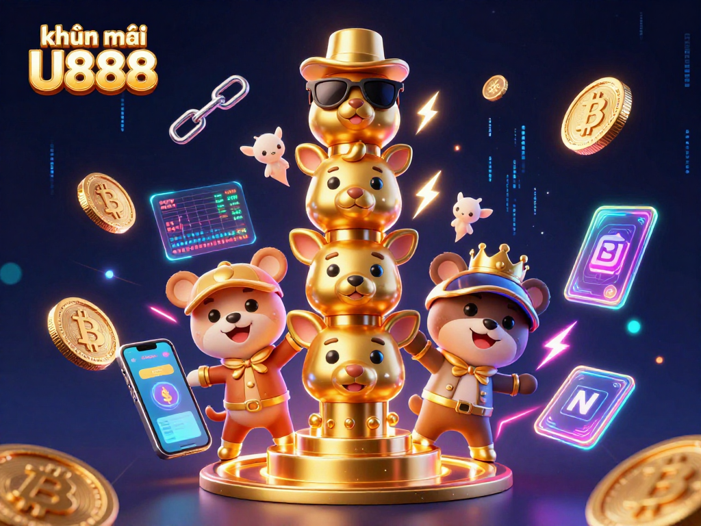 Engage with khuyến mãi U888 through vibrant 3D casino elements and crypto icons.