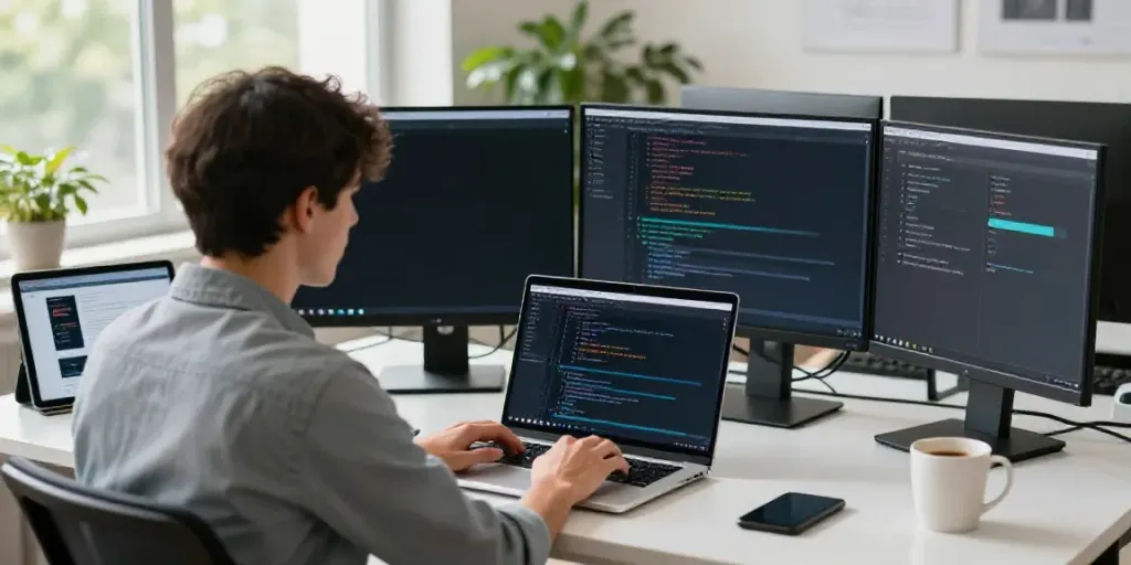 Developer working on an AI video generator app in a modern tech office