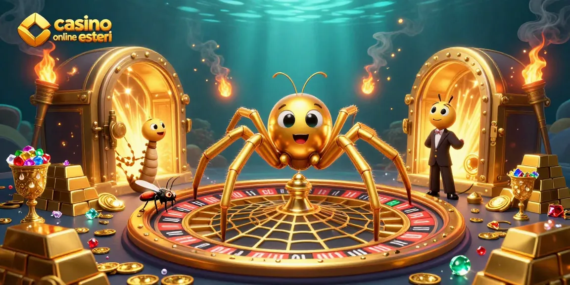 Scopri casino online esteri con un ragno d'oro su ruota della roulette e gemme preziose