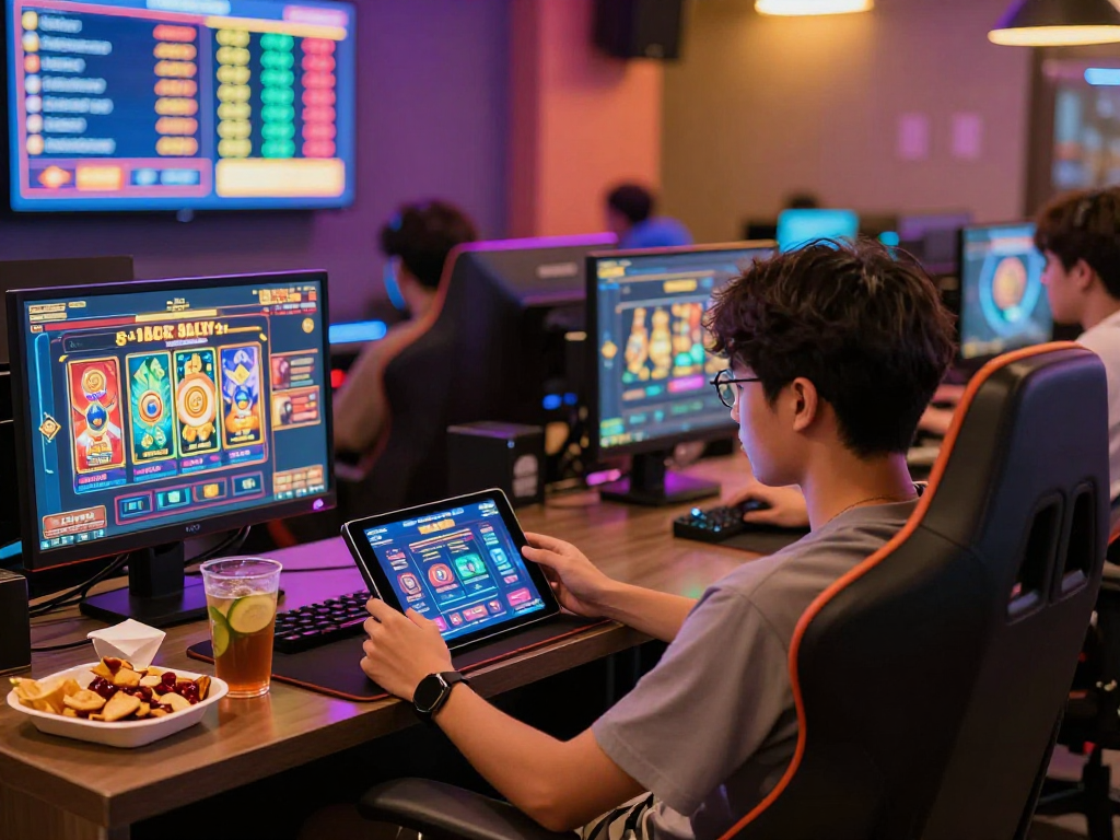 Engaged players enjoying gacor online slot games in a vibrant gaming lounge.