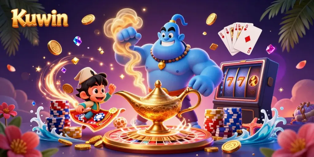 Kuwin casino illustration depicting a genie, monkey, and magic carpet surrounded by vibrant casino elements.