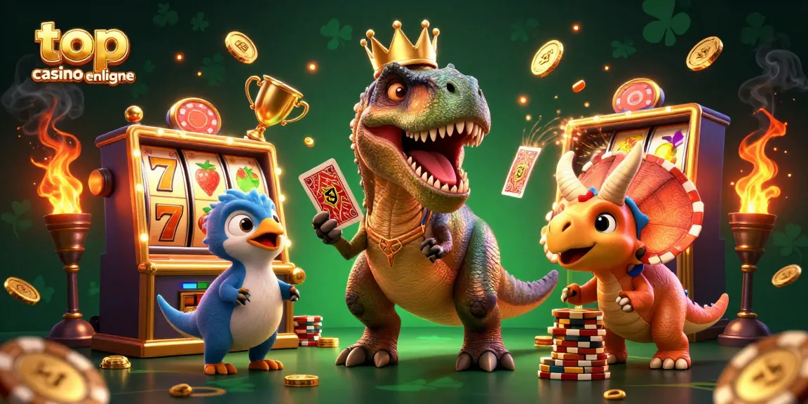 Illustration de T-Rex jouant aux cartes et un bébé tricératops empilant des jetons au top casino en ligne.