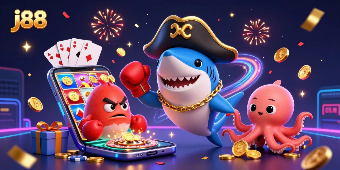 Get ready for winning strategies at j88 with a lively casino scene featuring playful characters.