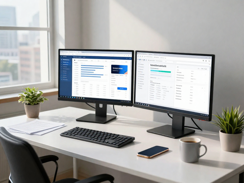 Digital marketer using an antidetect browser in a bright workspace with multiple screen displays.