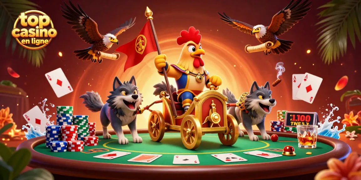 Plongez dans le top casino en ligne avec un guerrier au coq et des éléments de poker.