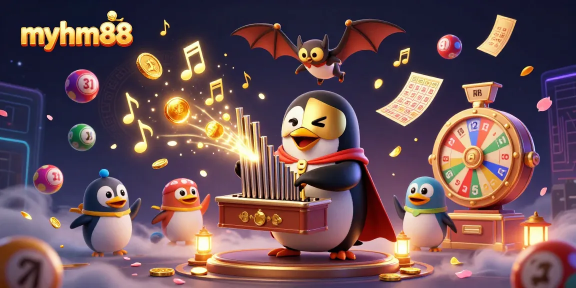 Experience the excitement at myhm88 with a vibrant casino scene featuring animated characters and lively gambling elements.