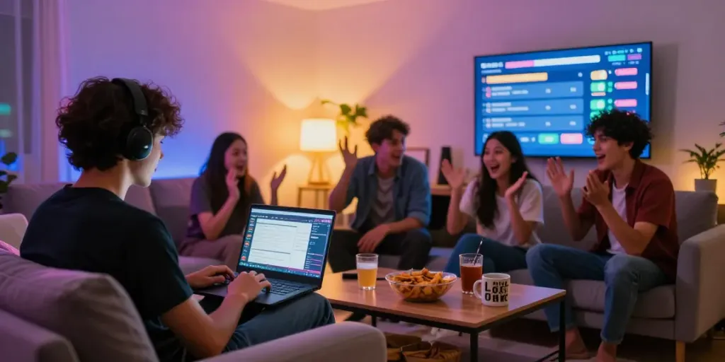 Engaging scene of friends playing togel online in a cozy living room.