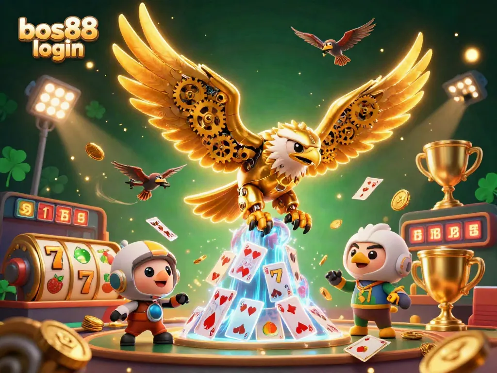 Masuk ke bos88 login dengan visual menarik dari permainan slot dan simbol keberuntungan.