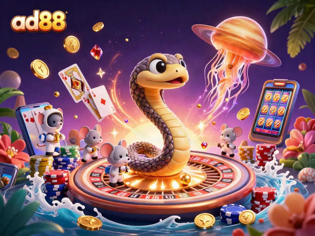 Experience excitement at ad88 with animated casino characters and gold coins swirling in a vibrant cosmic scene.
