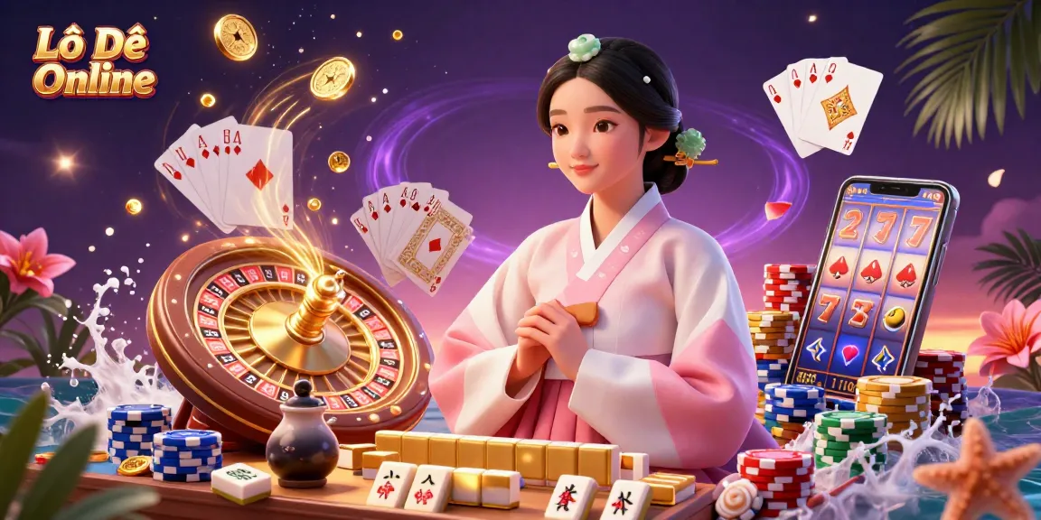 Lô Đề Online showcases vibrant casino elements, featuring an Asian woman in hanbok amidst golden coins and dynamic gaming symbols.