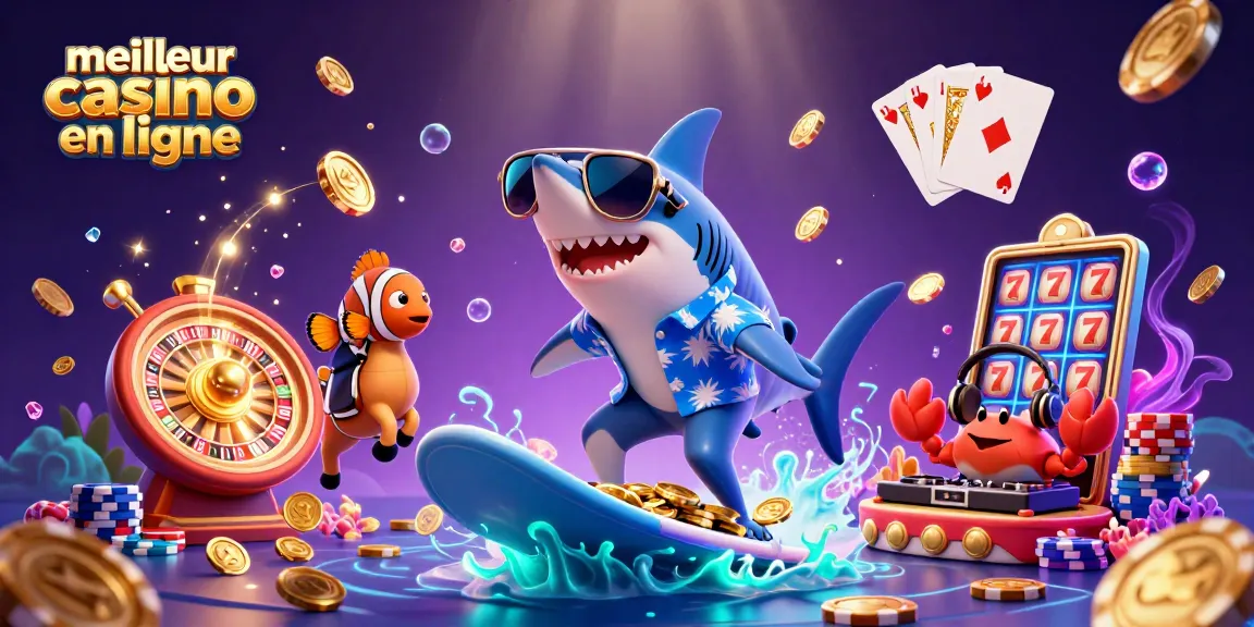 Visitez le meilleur casino en ligne avec un homme requin dans une scène vibrante de jeux et de gains.