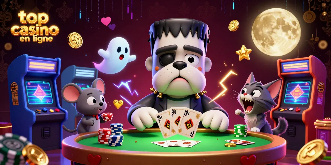 Jouer dans le top casino en ligne avec un bulldog Frankenstein et un chaton loup dans une scène animée.