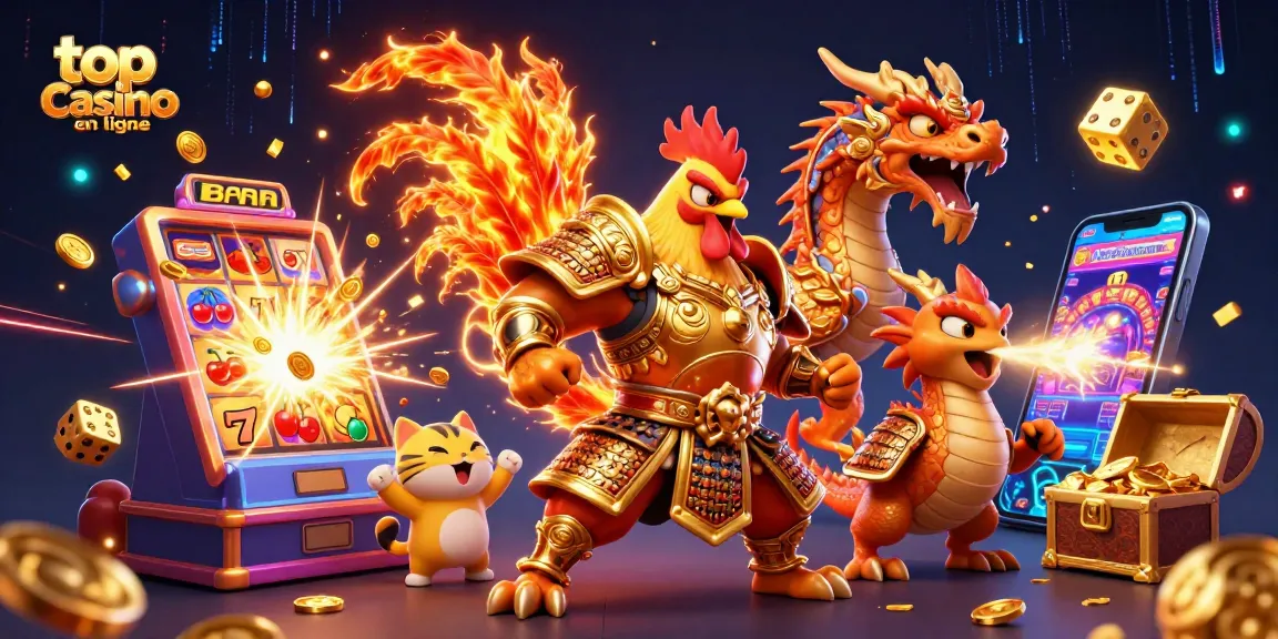 Personnages animés en plein jeu sur les meilleurs casinos en ligne, avec des machines à sous et des éléments festifs.