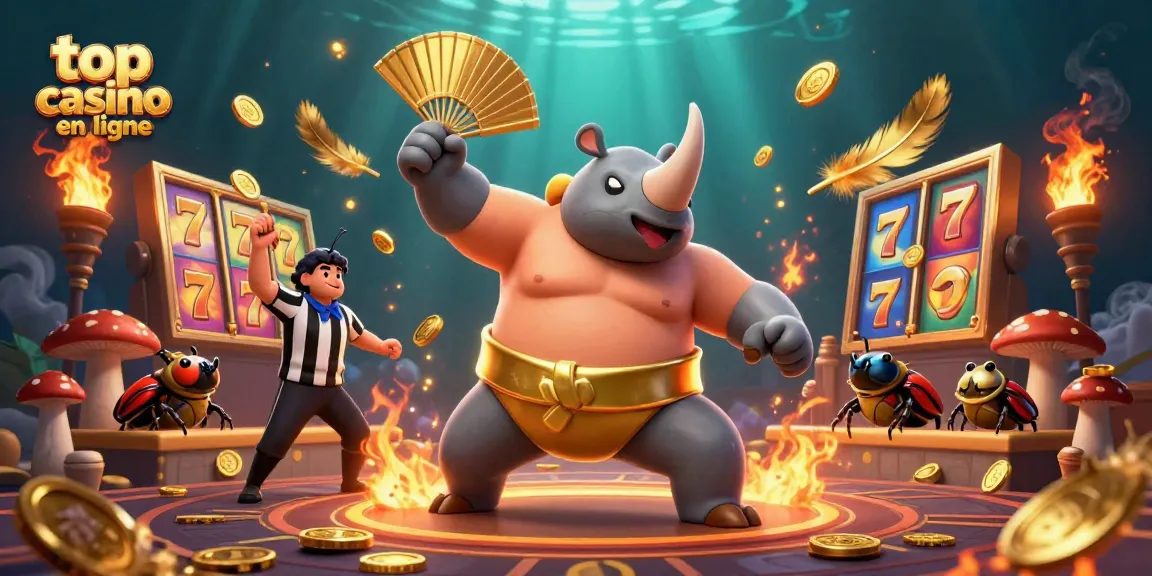 Visualisez le top casino en ligne avec un combattant sumo insecto et des symboles de machines à sous en vol.