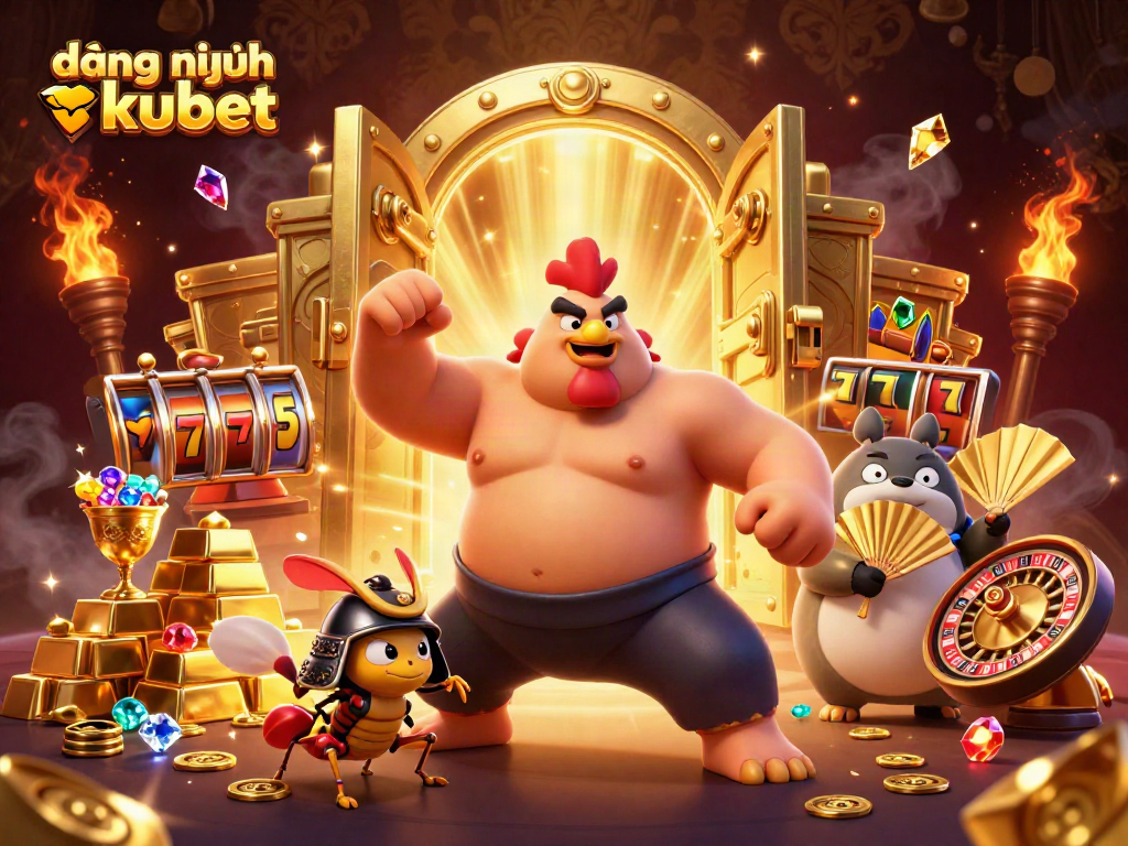 Engage in thrilling gaming with đăng nhập kubet, featuring a powerful sumo wrestler rooster and gem-studded treasures.