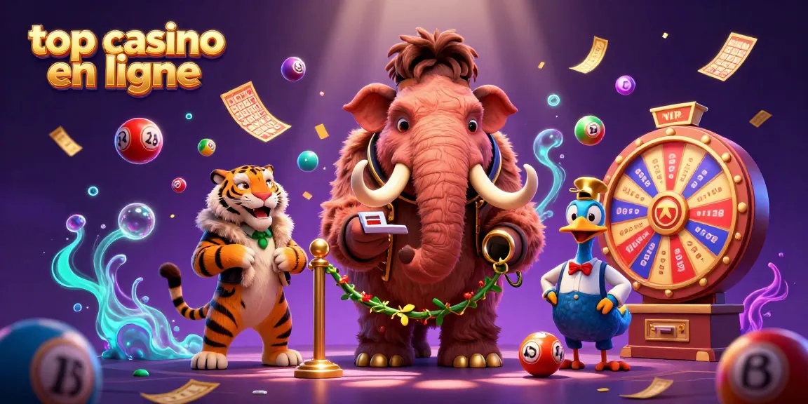 Illustration dynamique de top casino en ligne avec un mammouth, tigre et dodo, entourés de boules de loterie multicolores.