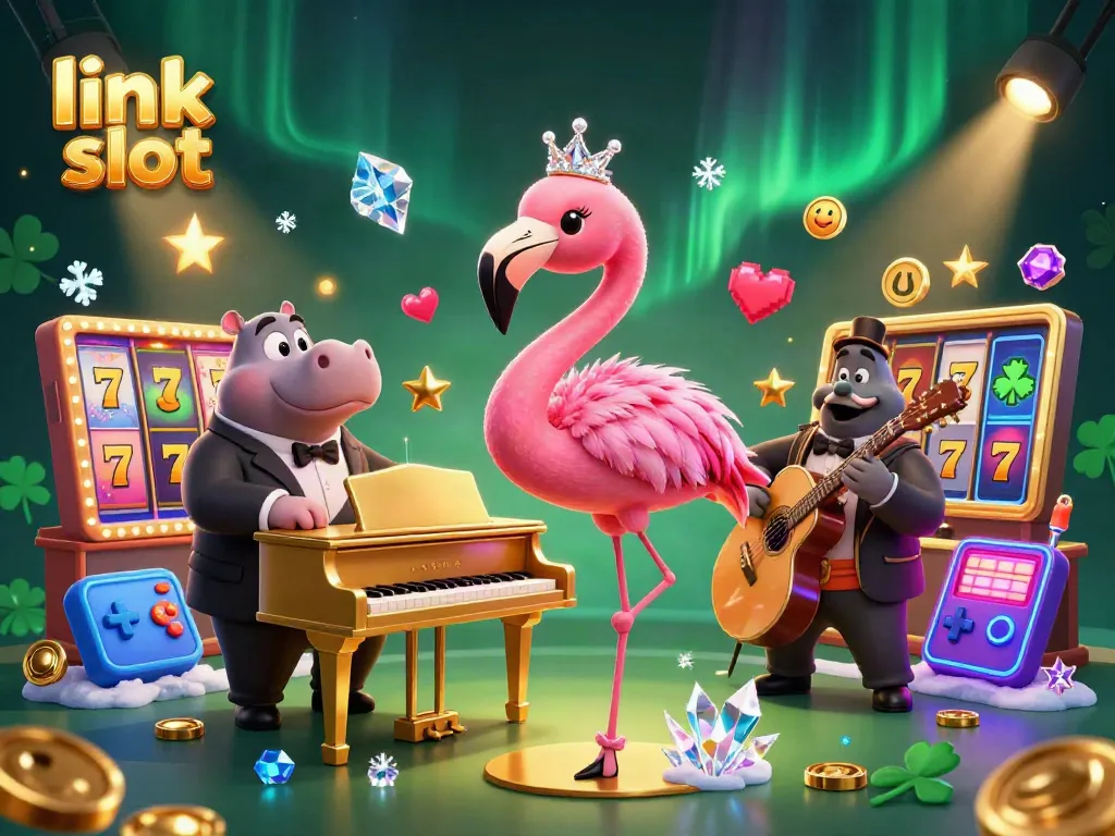 Engage with link slot action as a vibrant casino scene unfolds with a flamingo and hippo.