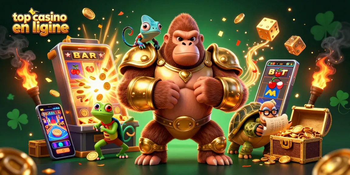 Découvrez le top casino en ligne avec un gorille royal en armure dorée et un caméléon sur l’épaule.