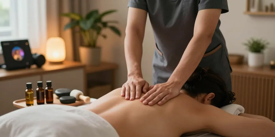 Professional therapist providing 의정부출장마사지 in a serene home setting with relaxing ambiance.