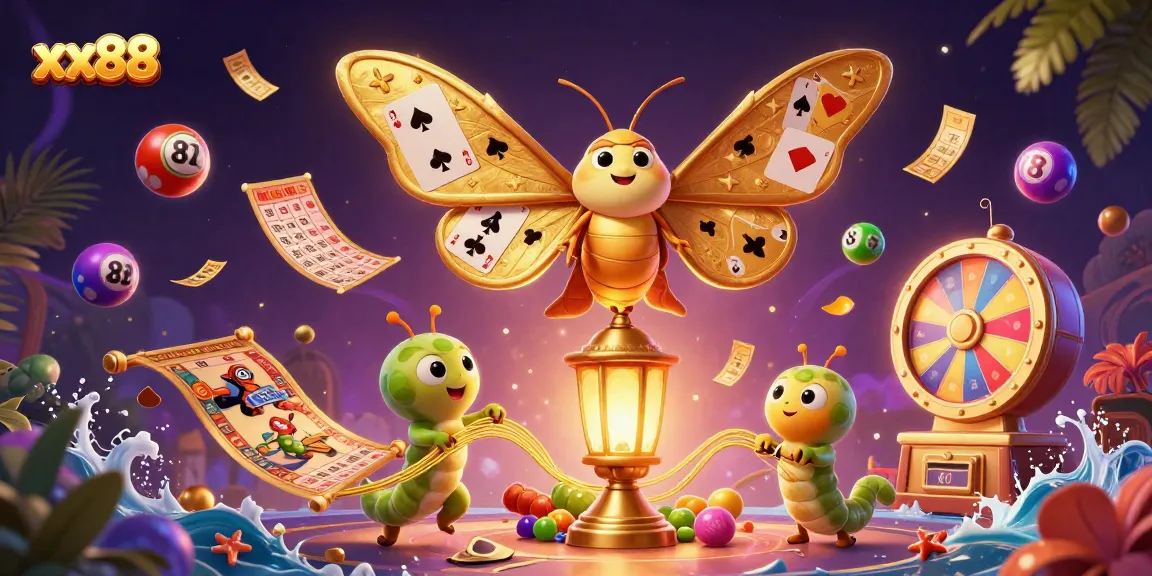 Experience the excitement of xx88 with a whimsical illustration of a golden moth and dynamic casino elements.