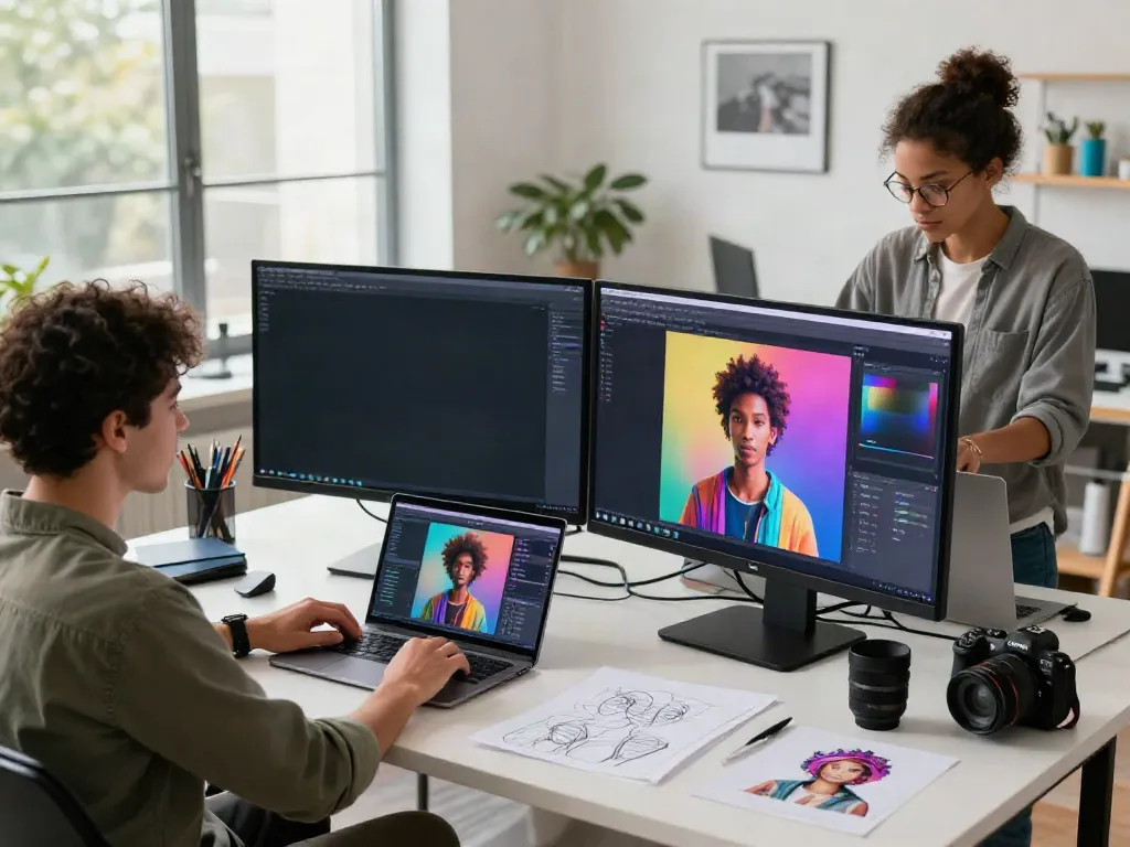 Creative team using Typeshutter tools for AI photo and video generation in a modern art studio.