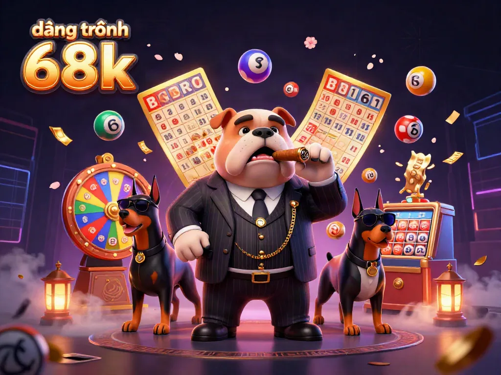 Engage with the lively scene "đăng ký nhận 68k" featuring a cartoon mafia bulldog in a casino setup with lottery elements.