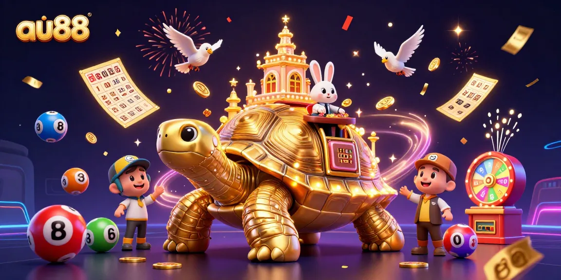 Experience thrilling games at au88 with a vibrant illustration of a golden tortoise casino hosting exciting lottery elements and celebrations.