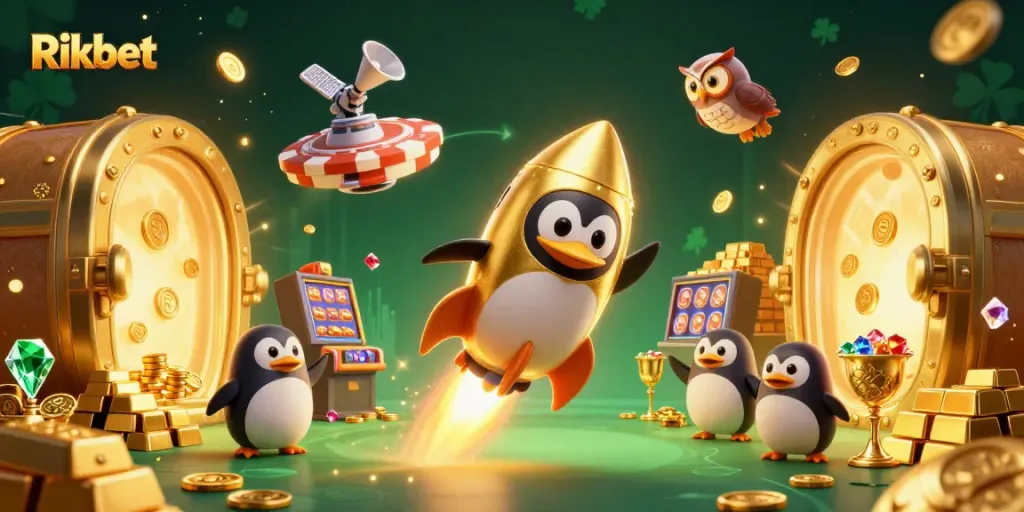Win big with Rikbet as a golden penguin rockets toward a casino in this vibrant 3D illustration.