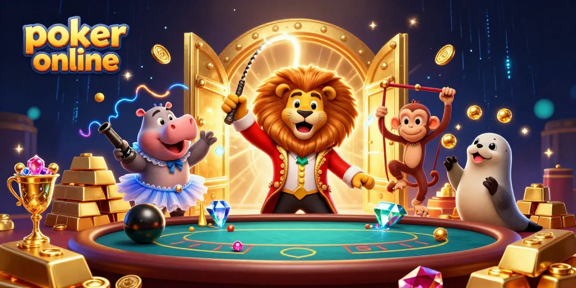 Jouez au poker en ligne avec des personnages de cirque captivants entourés de richesses scintillantes.