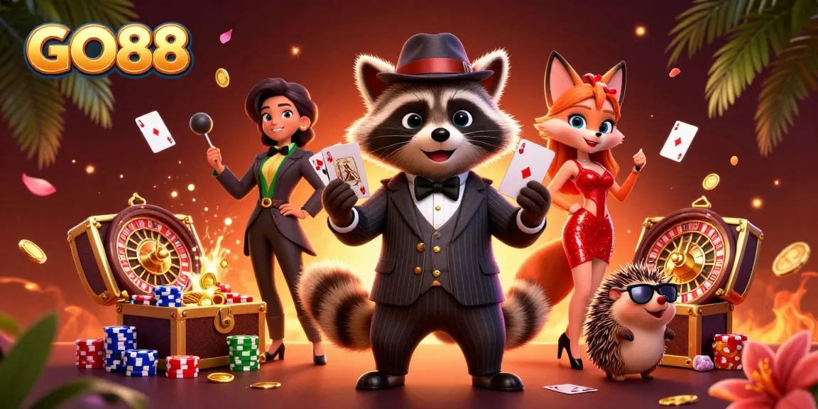 Play poker and win big with GO88 in this vibrant casino scene featuring raccoons and foxes.