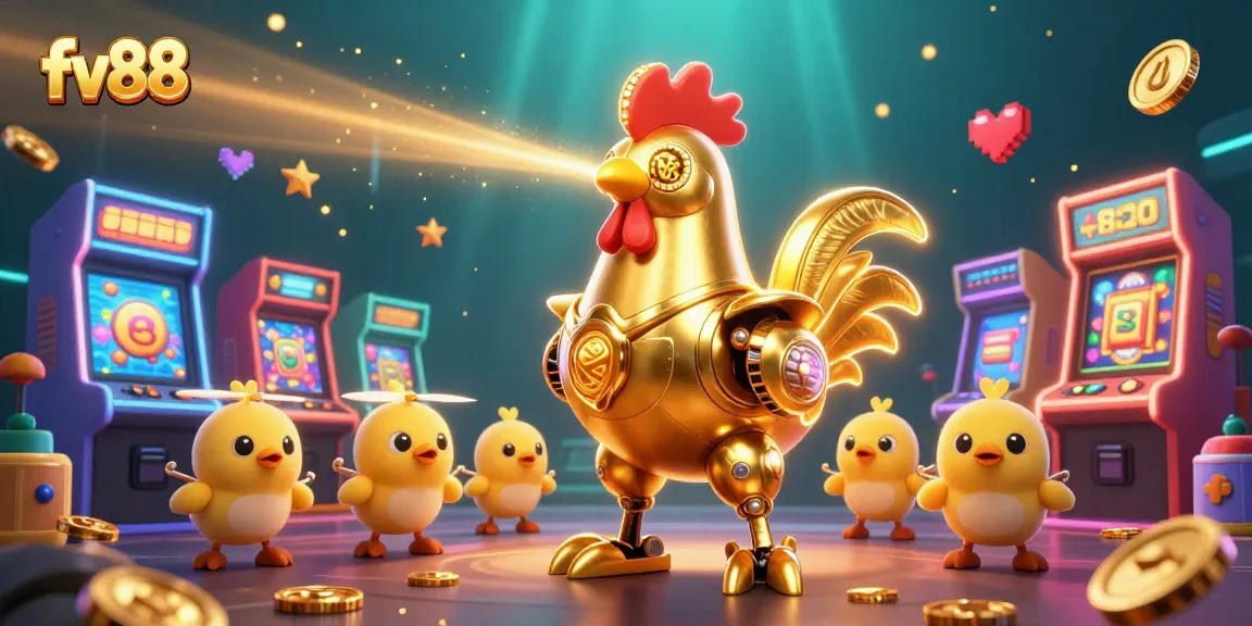 Win big at fv88 with the golden rooster robot and arcade games dominating the scene.