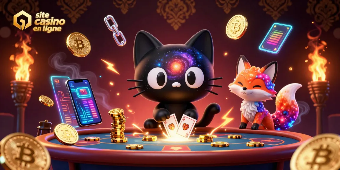Jouer sur un site casino en ligne avec un chat noir cosmique et des éléments de crypto-monnaie.