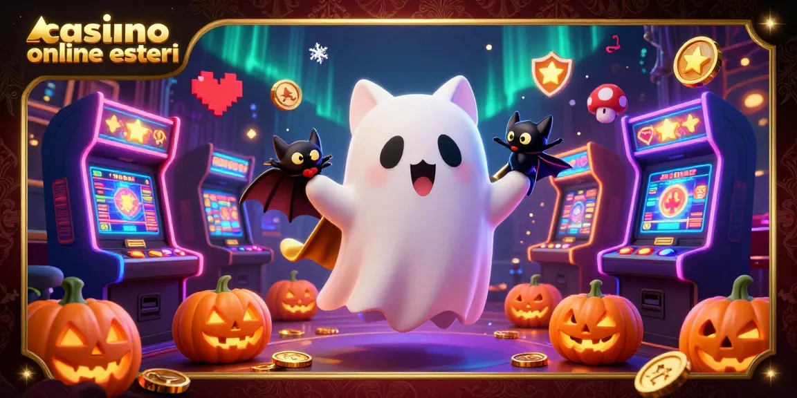Gioca online nei casino esteri con un'incredibile illustrazione 3D di gatti fantasma e macchine da gioco.