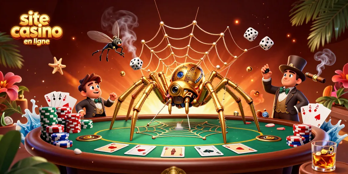 Admirez un fascinant site casino en ligne avec une araignée steampunk et des cartes de poker élégantes.