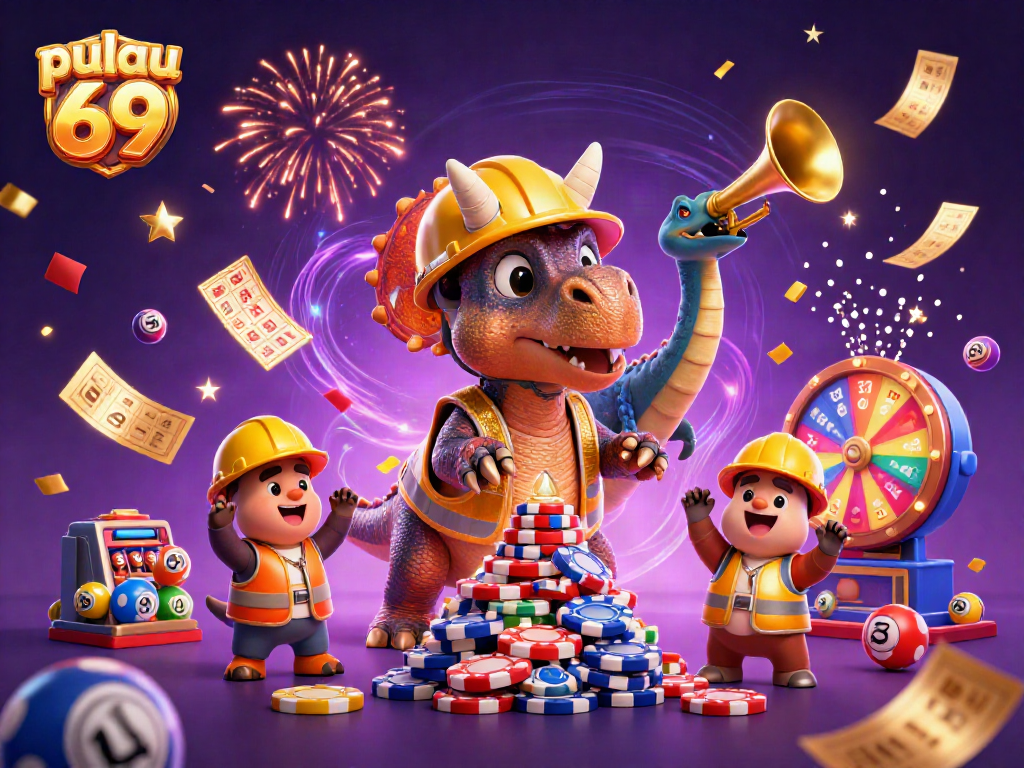 Pulau 69 celebration scene with a triceratops and parasaurolophus amidst colorful casino elements.