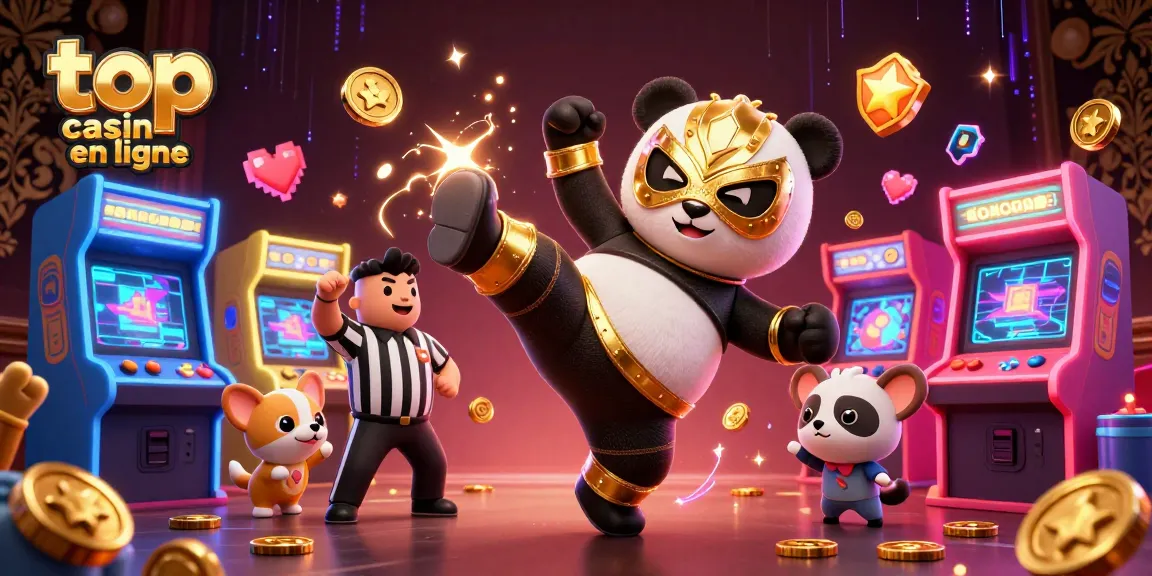 Scène d'action vibrante mettant en vedette le top casino en ligne avec un panda en lutte et un chihuahua arbitre, entourés de machines de jeu colorées.