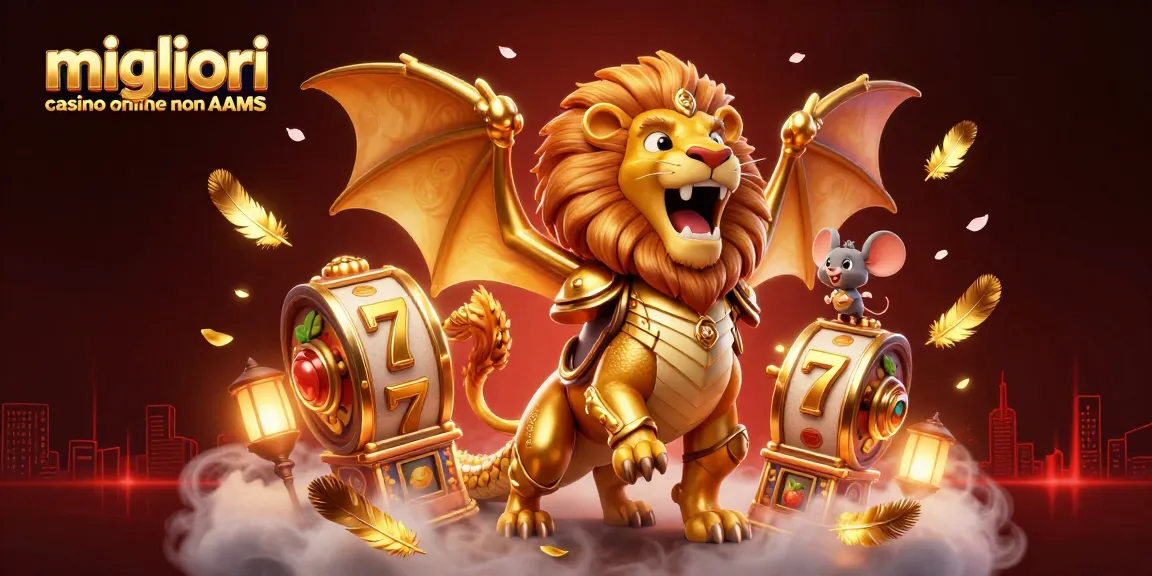Gioca nei migliori casino online non AAMS con questa vibrante illustrazione 3D, caratterizzata da un chimera dorata e simboli di gioco accattivanti.