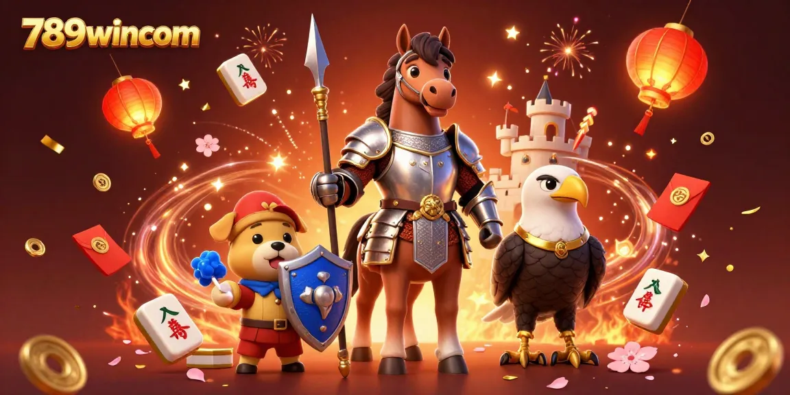 Engage with the dynamic 789wincom world featuring an armored knight, playful puppy, and majestic falcon amidst colorful casino elements.