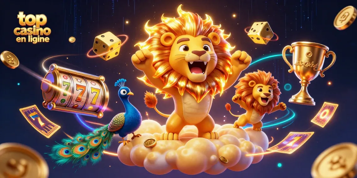 Découvrez le top casino en ligne avec ce lion ensoleillé et les éléments de jeu captivants.