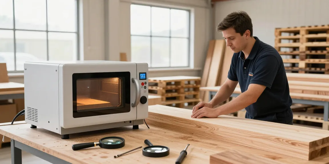Shashel pest elimination technician using microwave devices in a wood workshop