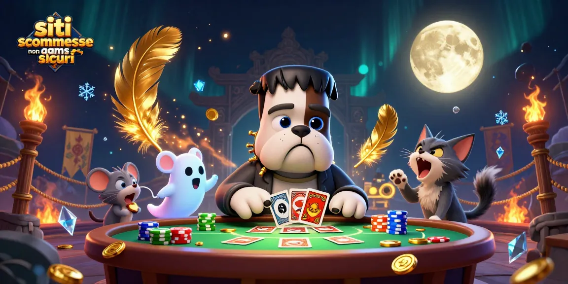 Scopri siti scommesse non aams sicuri con un bulldog Frankenstein e un gatto mannaro in un'illustrazione 3D.