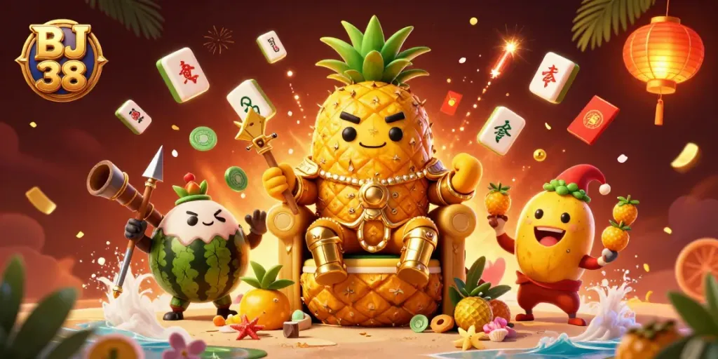 BJ 38 showcases a vibrant casino scene with a pineapple king, coconut bodyguards, and lively gambling elements.