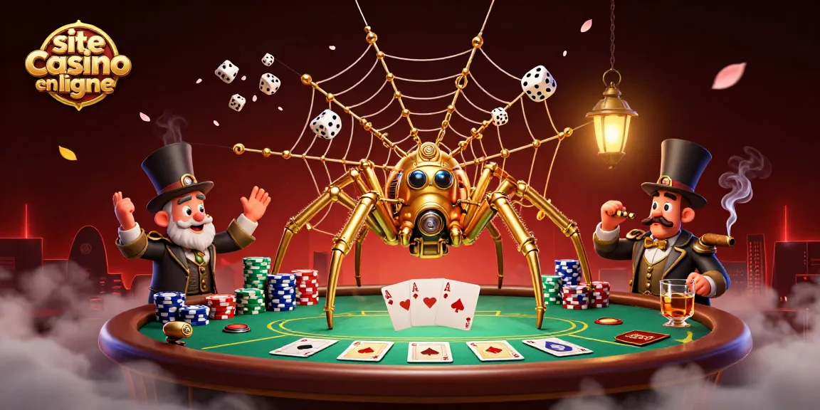 Capture le frisson du site casino en ligne avec une scène animée de jeu de poker et une araignée steampunk.